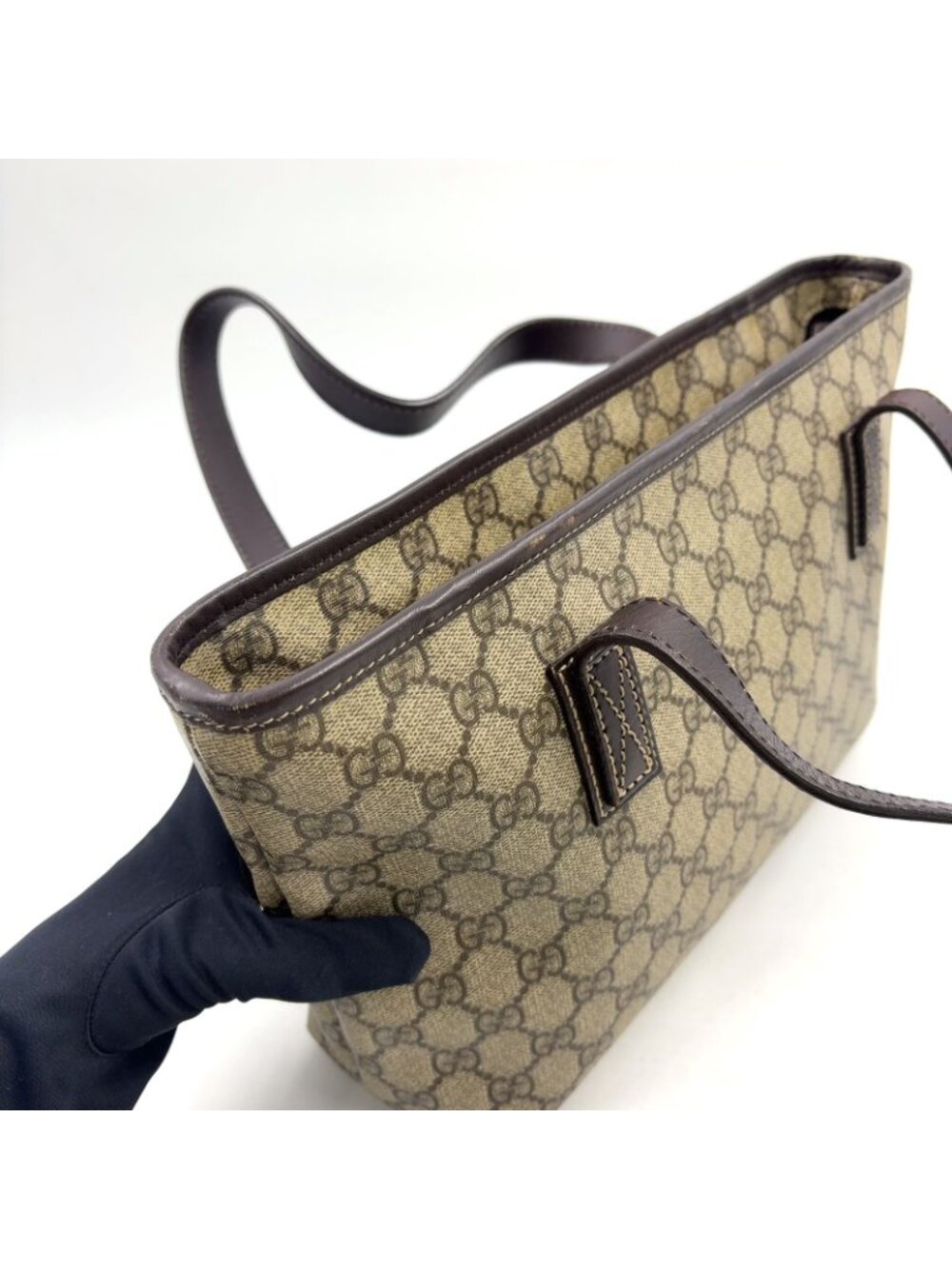 Gucci GG Supreme Leather Canvas Khaki Beige Dark Brown Tote Bag Silver - Picture 10 of 15